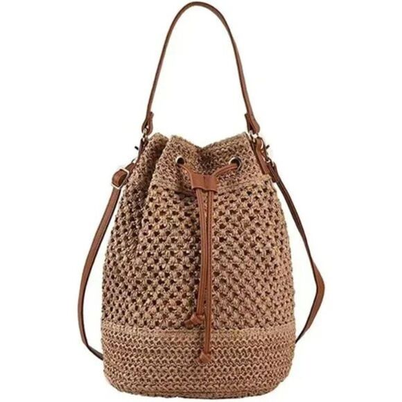 Women's Woven Straw Bucket Drawstring Tote Handbag, Light Brown or Beige - Picture 4 of 12